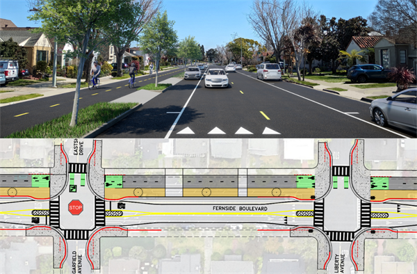 Rendering and concept design drawing showing pedestrian refuge islands, curb extensions, and sidewalk-level two-way cycletracl