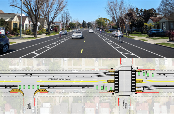 Rendering and design concept drawing with pedestrian refuge islands, curb extension, and paint-buffered bike lanes